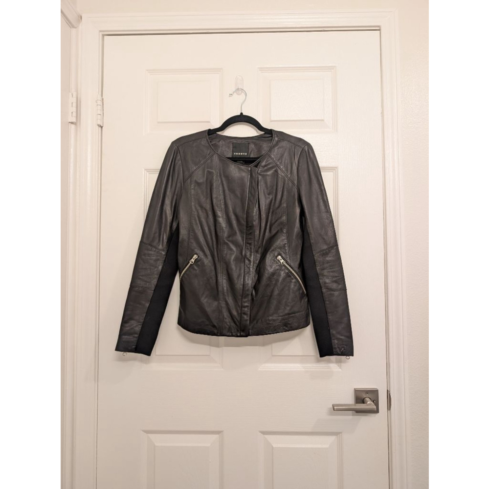 Trouvé Collarless Black Leather Moto Jacket with Ribbed Knit Panels M - Picture 7 of 9